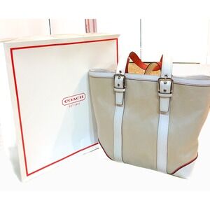 Coach Hamptons Weekend Tote Bag Beige Canvas White Leather Red Trim F10711